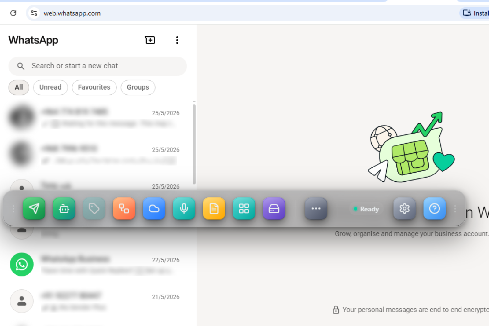O dock do Ideaz AI aberto no WhatsApp Web