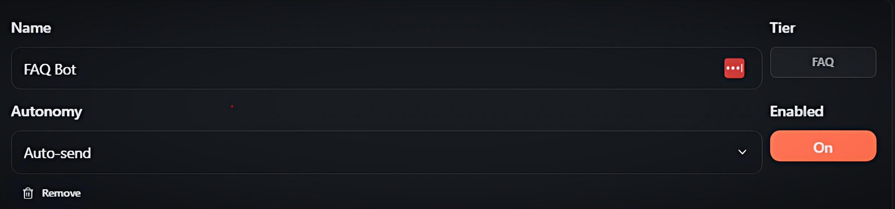 FAQ agent card: name, FAQ tier, Auto-send autonomy and Enabled toggle