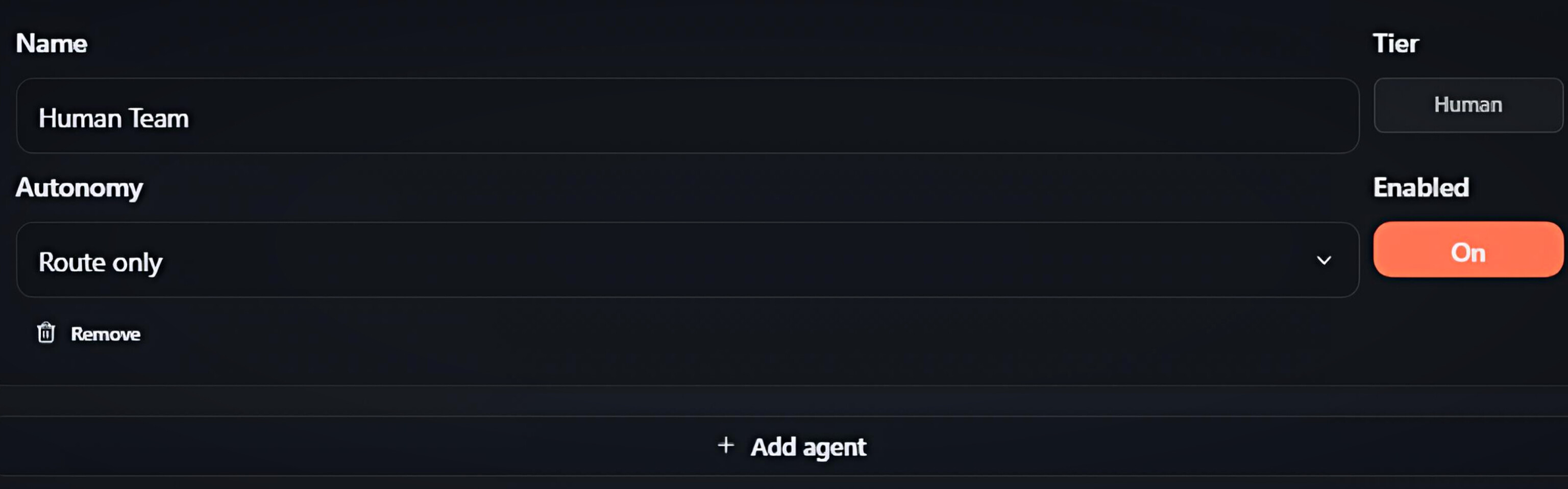 Human agent card set to Route only, plus the Add agent button