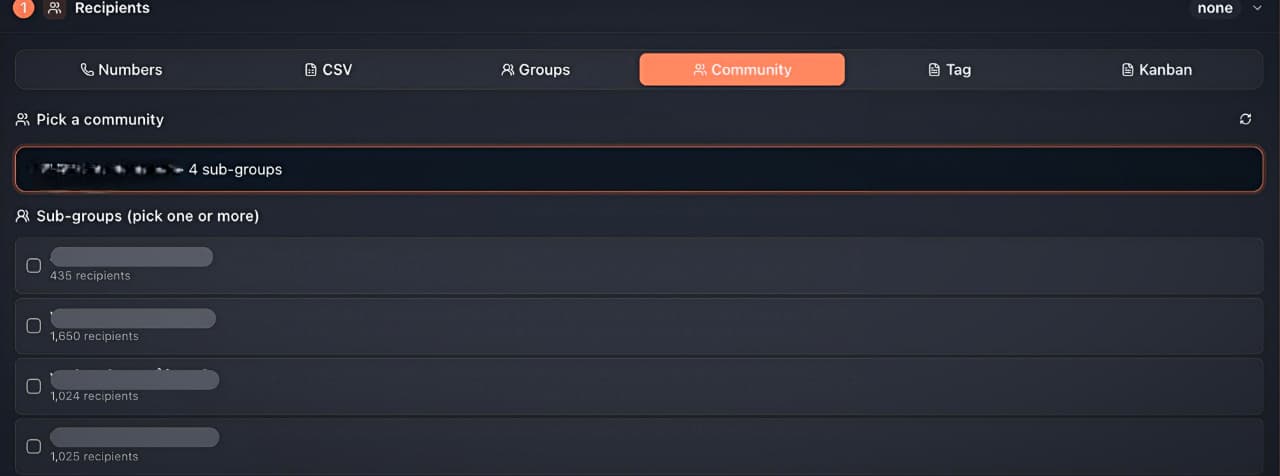 Recipients → Community: pick a community, then choose sub-groups with live recipient counts