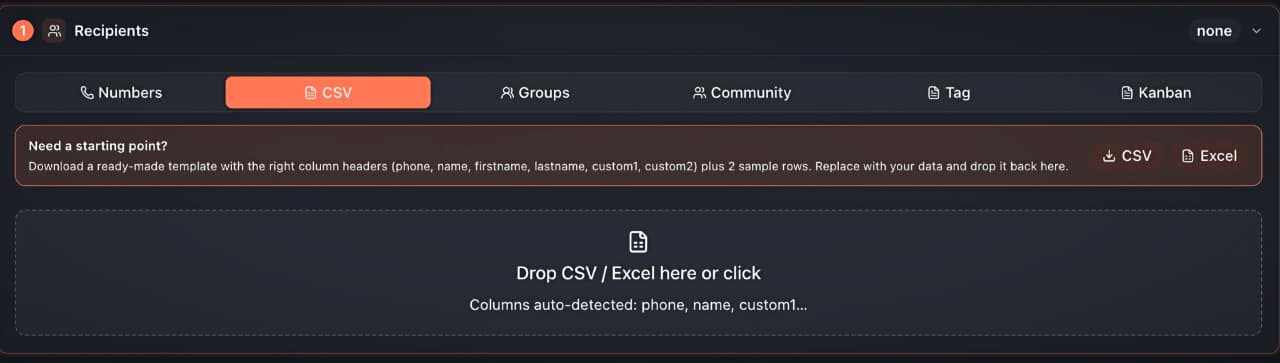 Recipients → CSV: download a template, drag a file, and auto-detected columns