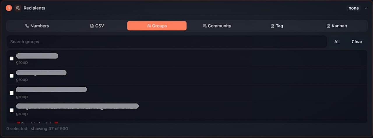 Recipients → Groups: search, select all/clear, and a checkbox list of your groups