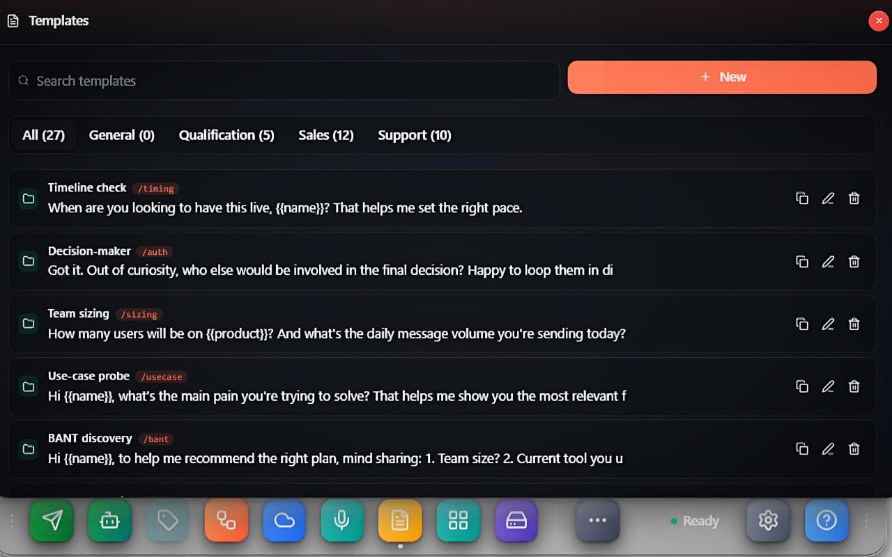 The Templates manager: search, category pills with live counts and the template list with shortcut chips