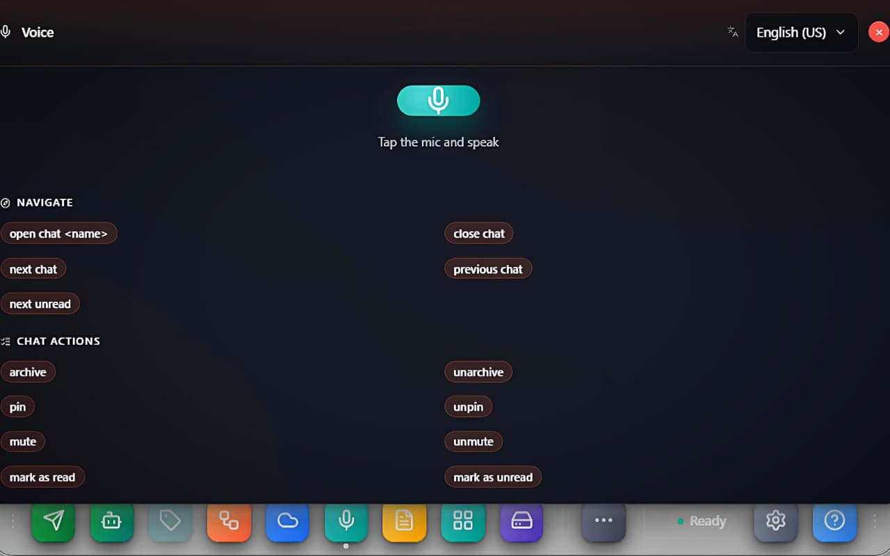The Voice panel: mic button, recognition-language dropdown and the built-in command cheatsheet